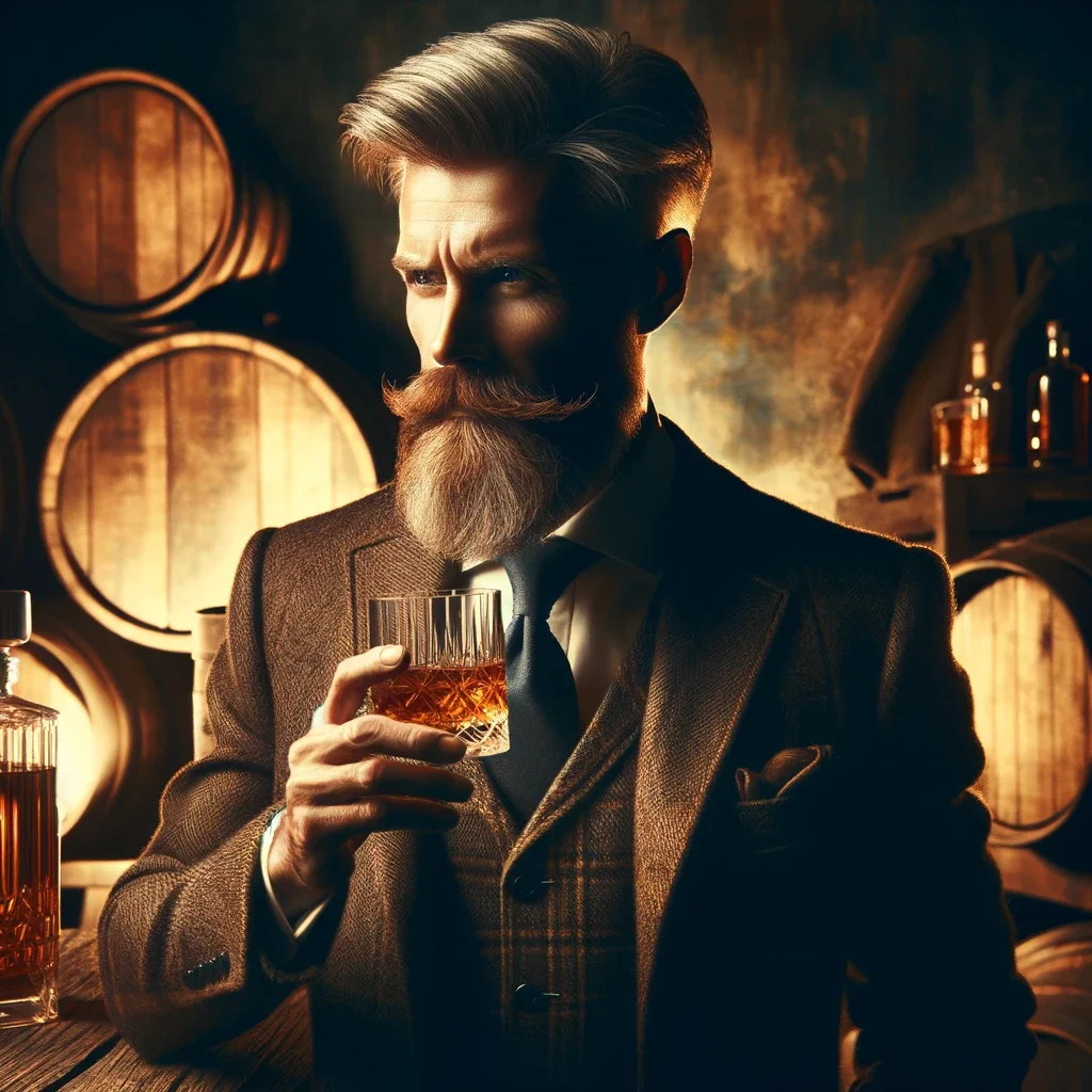 An artistic image symbolizing the connection between whiskey and traditional masculinity. The scene includes a rugged, mature man with a beard, dresse.png